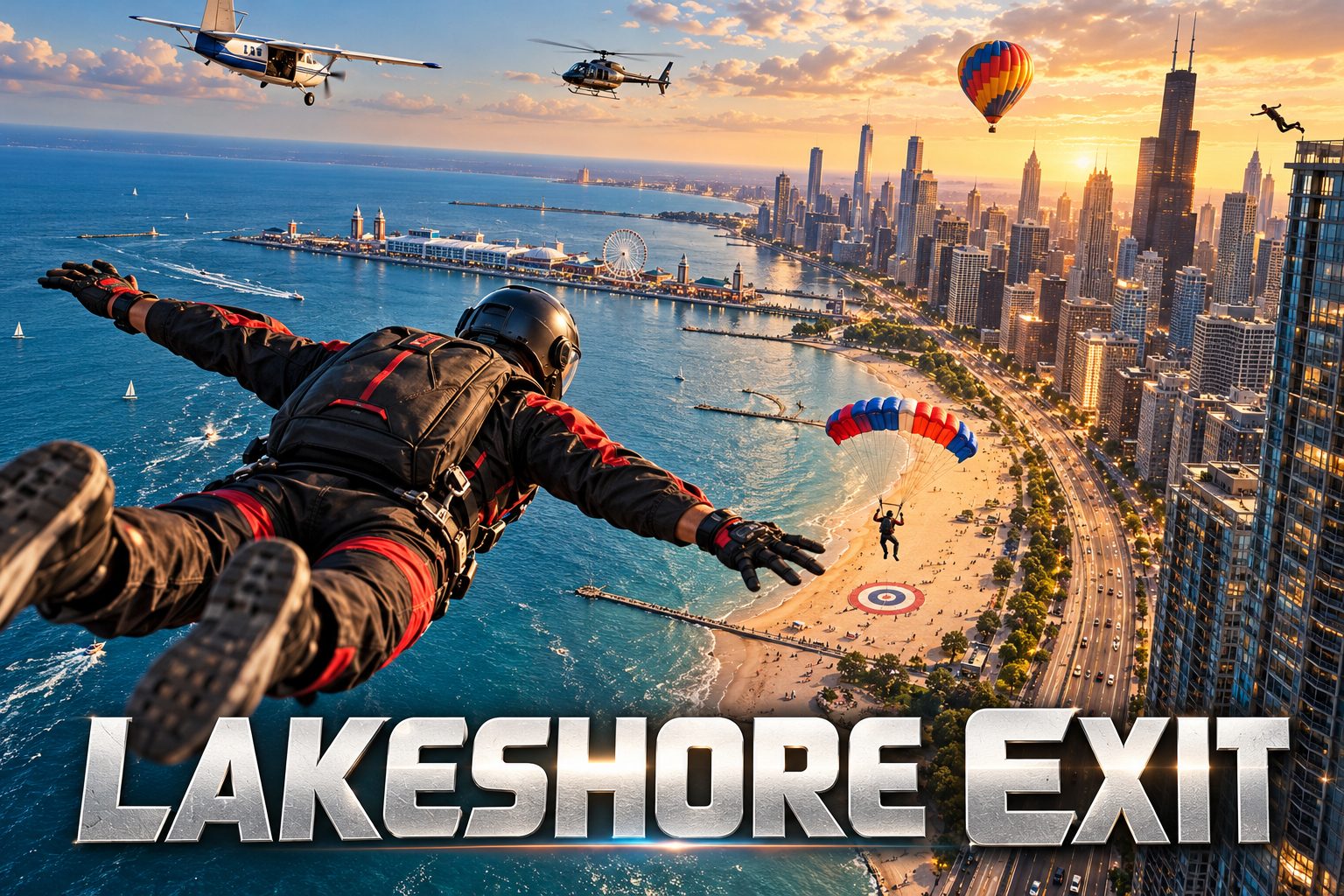 A skydiver above the Chicago lakefront with aircraft, helicopter, balloon, and canopy beneath the Lakeshore Exit title