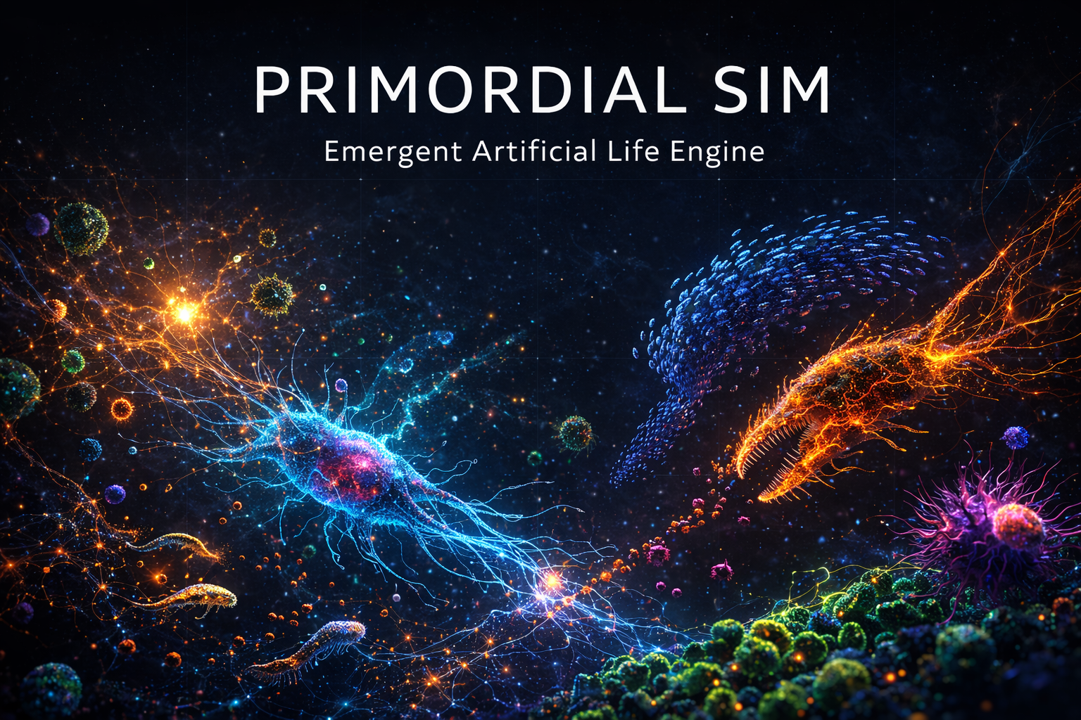 Primordial Sim emergent life artwork
